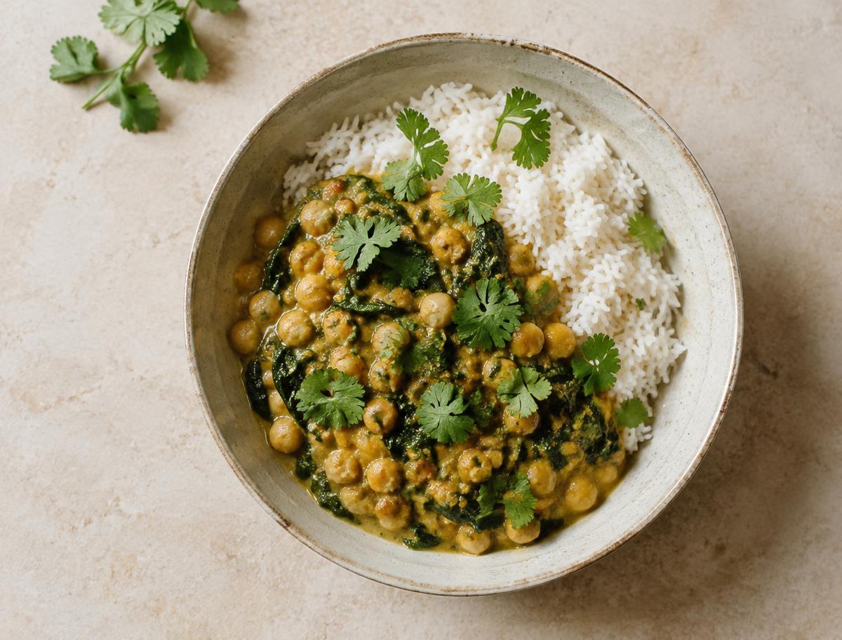 Chickpea and spinach curry with white rice in a ceramic bowl