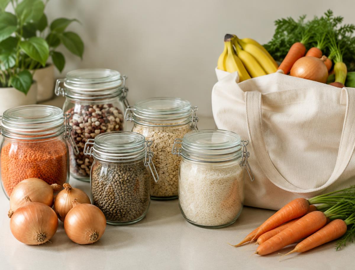 Glass jars of lentils, beans, oats and rice beside a tote of fresh produce