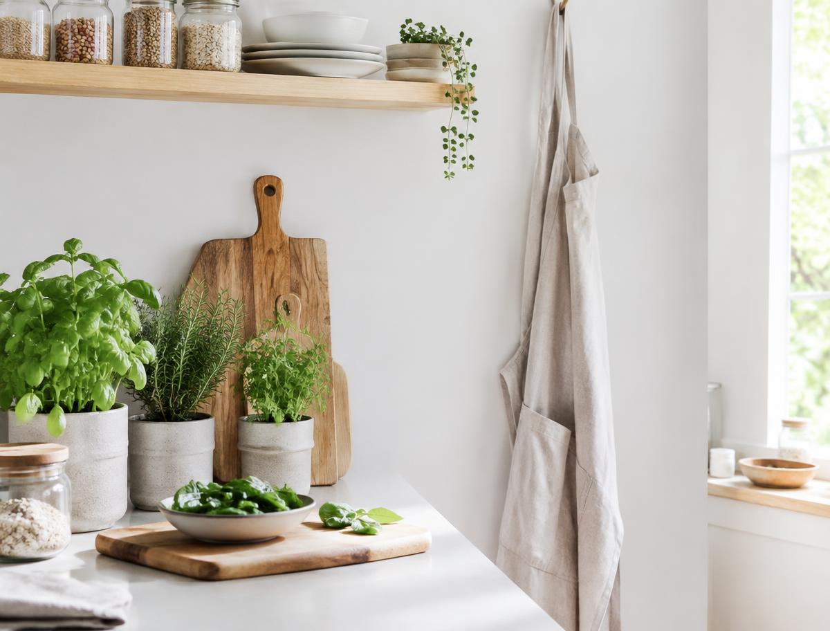 Bright kitchen counter with potted herbs and a wooden cutting board