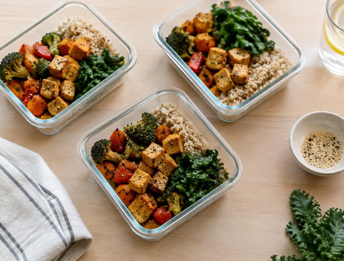 Glass meal prep containers with roasted vegetables, tofu and grains