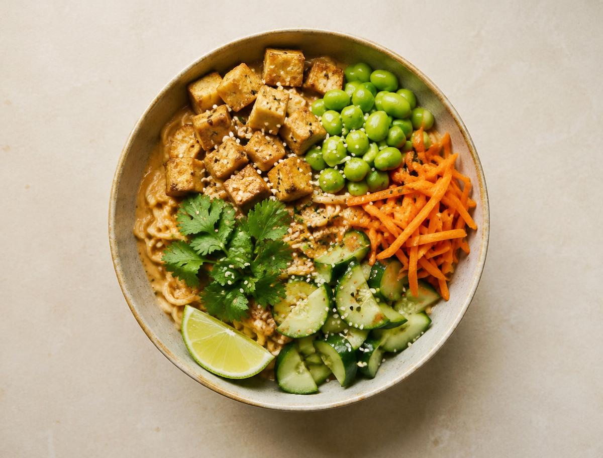 Peanut noodle bowl with tofu, edamame, carrots and cucumber