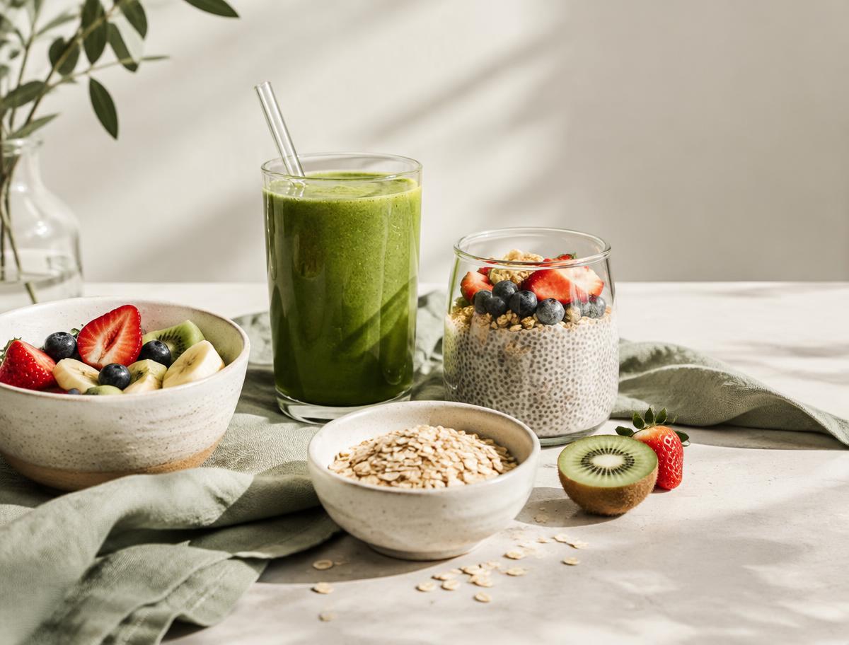 Green smoothie, chia pudding and a bowl of fresh fruit on a table